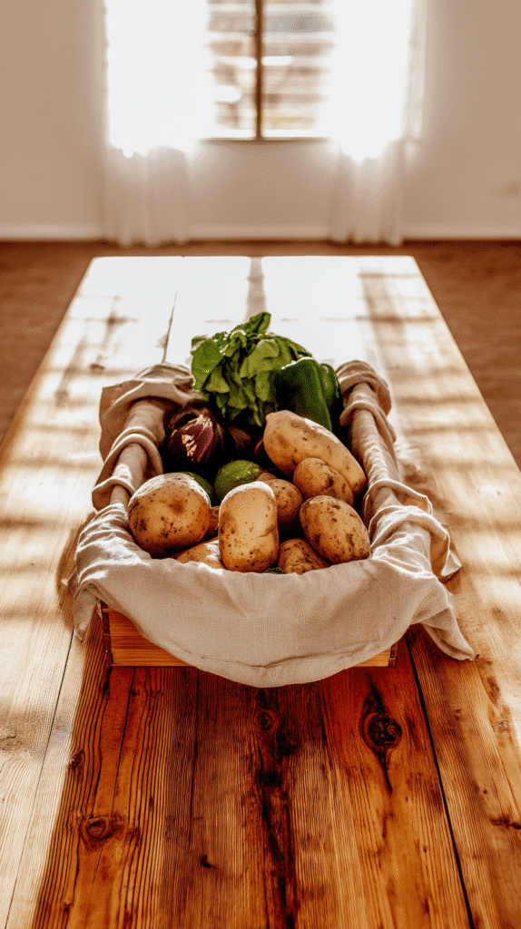 a basket of reclaimed food from the grocery store sits on a rustic wooden table