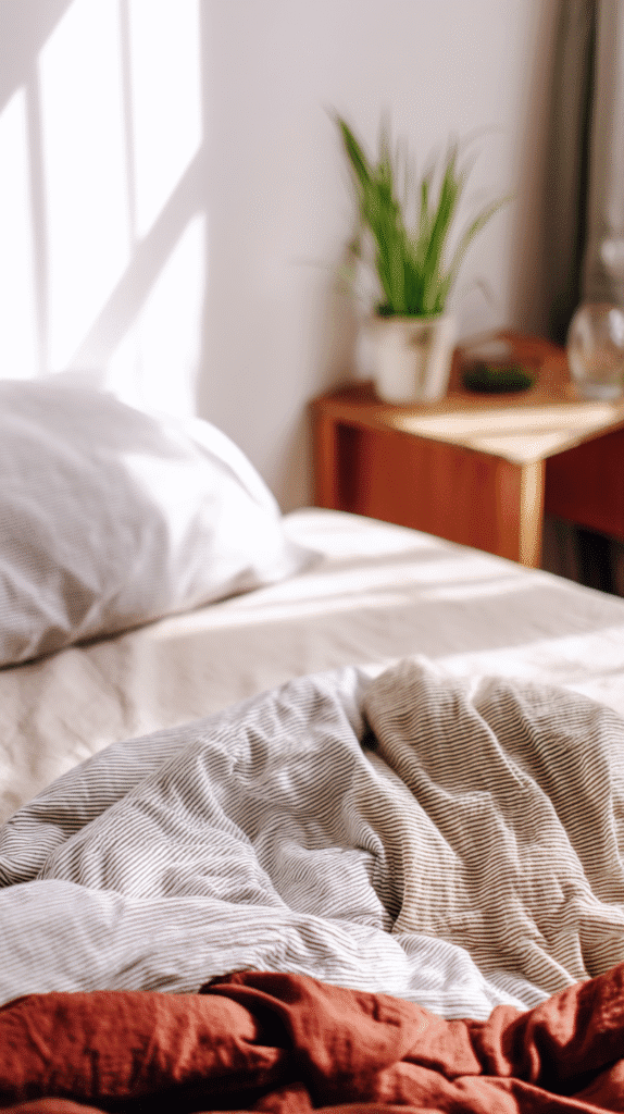 nervous-system-signs-bed a rumpled unmade bed with linen comforter in the morning sunlight
