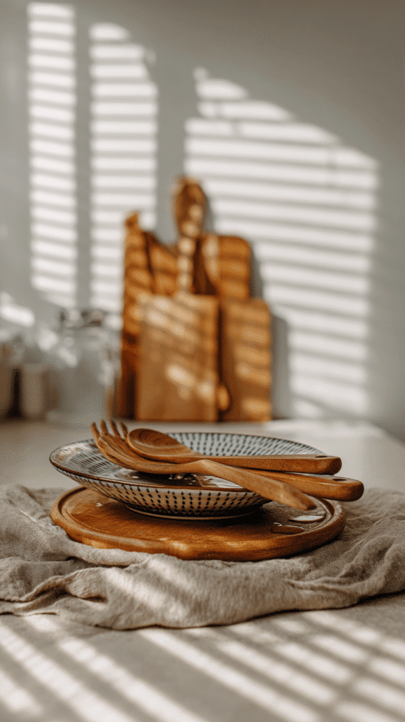 nervous-system-signs-dirty-dishes a stack of plates and wooden utensils on a linen napkin on a kitchen counter