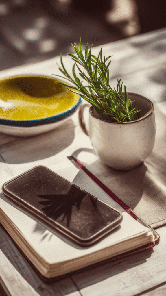 nervous-system-signs-phone a cell phone sits on top of a journal next to mug with rosemary sprig on an outdoor table