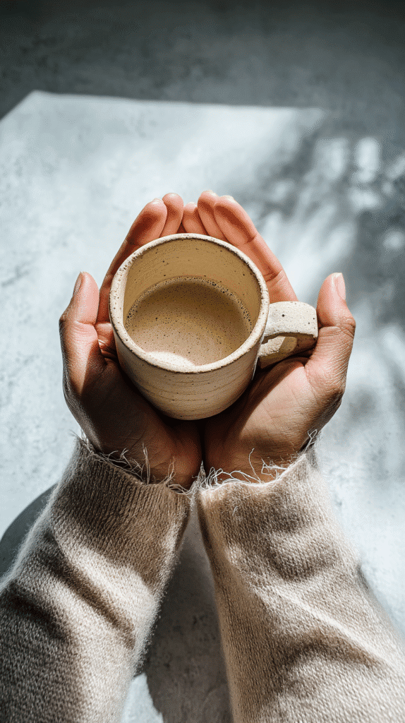 nervous-system-signs-tea a woman's hands hold a ceramic mug of hot beverage in the sunshine