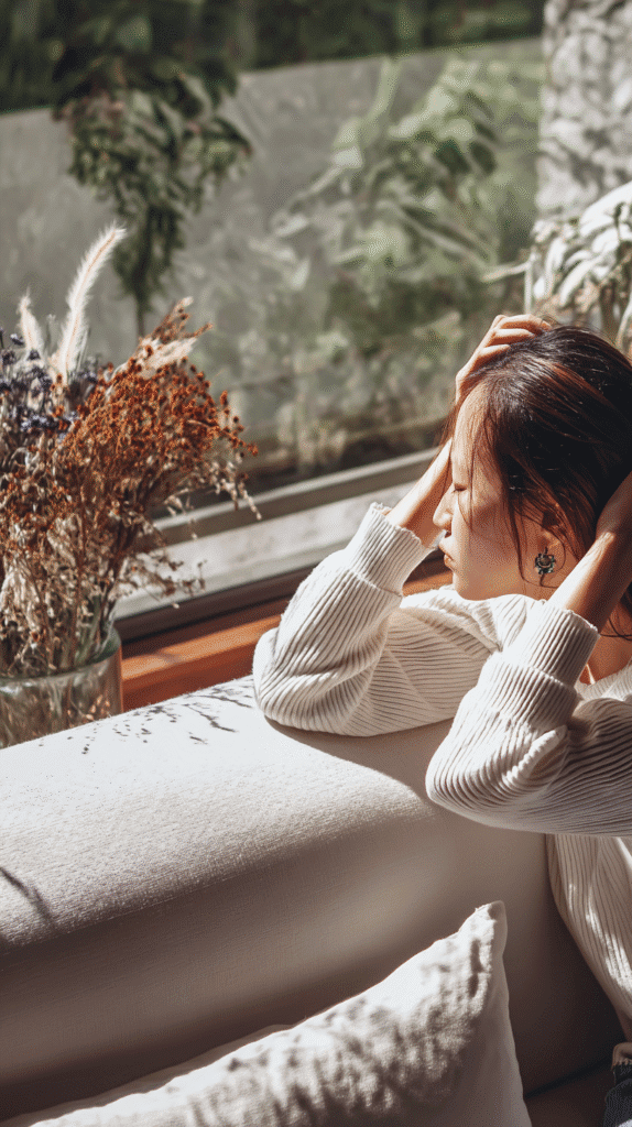 nervous-system-signs-woman-window a woman sits on a sofa in the sunshine with head in hands in distress