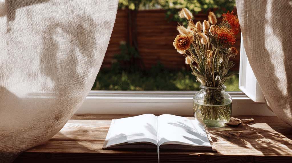 a journal lays open next to a vase of dried flowers on a sunny windowsill