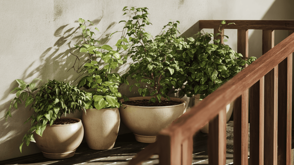 a container garden in ceramic pots on a balcony