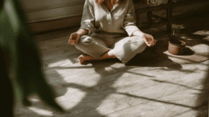 a woman sits on a wooden floor in a meditation pose in the evening sun