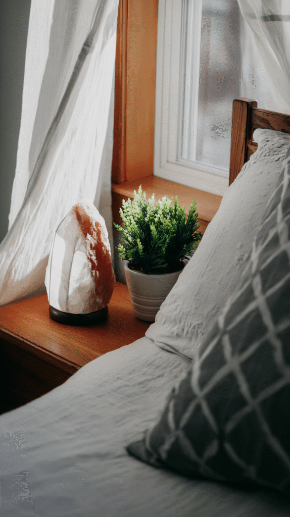 a bedside scene with a himalayan salt lamp and potted herb in the evening sun