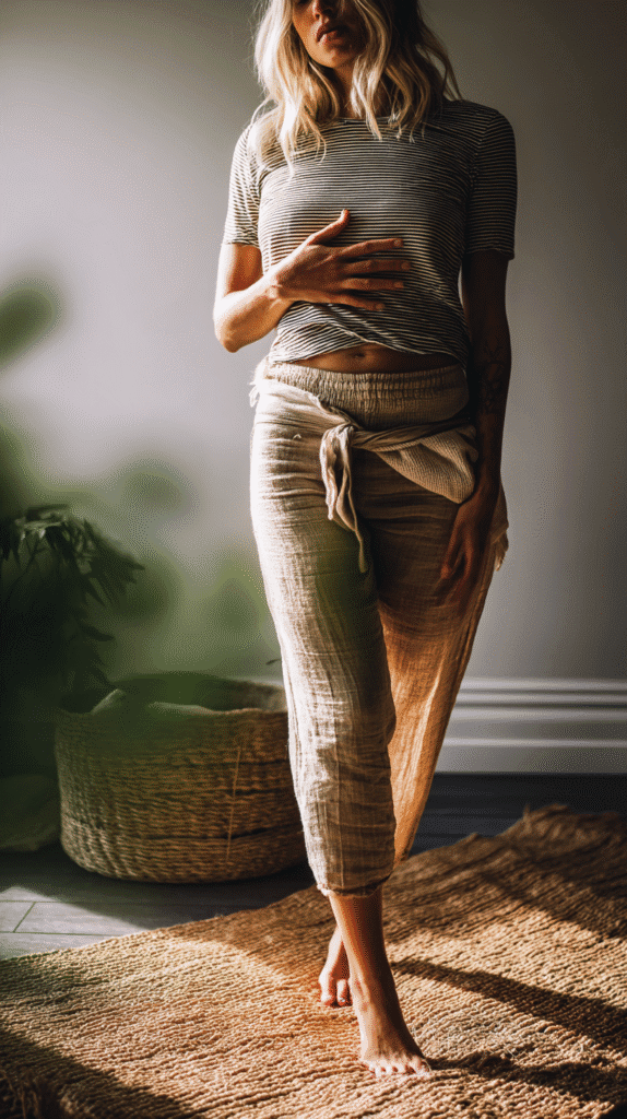 a woman stands on a jute rug holding a hand to her stomach in an act of calming her nervous system
