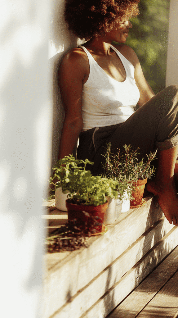 a woman sits on a wooden bench outside next to potted herbs in the sunshine