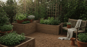 a backyard homestead garden with raised garden beds and a wooden bench