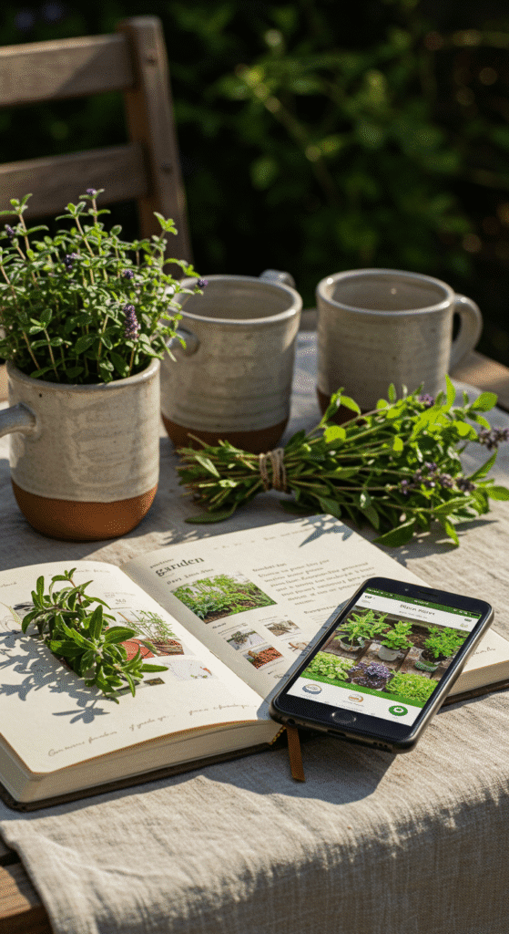 a phone with a gardening app and a garden planner journal open on a sunny patio table