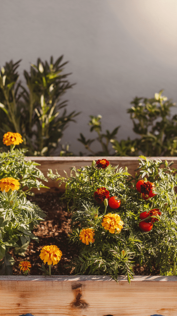 urban-homesteading-lessons-companionplanting a raised garden bed with companion planted marigolds and tomatos
