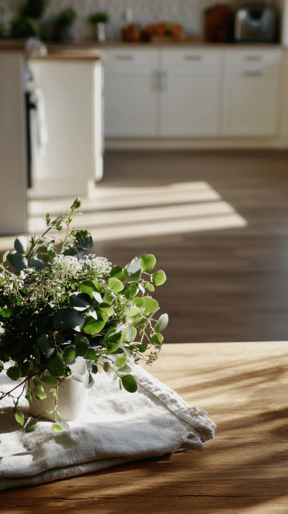 a clean kitchen with a potted plant on the counter and the cabinets in the background