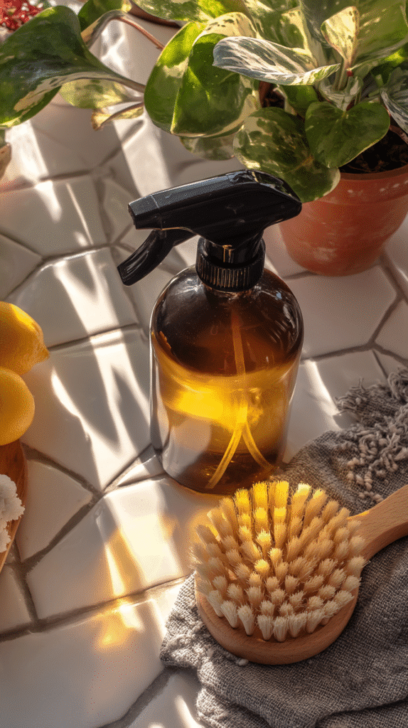 an amber glass spray bottle with all purpose cleaner