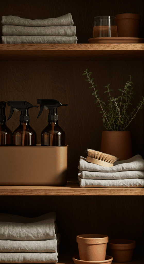 a cleaning caddy and cloths on storage shelves