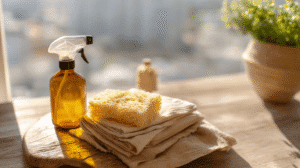 a glass spray bottle with cleaning cloths and sponge on a sunny wooden kitchen counter