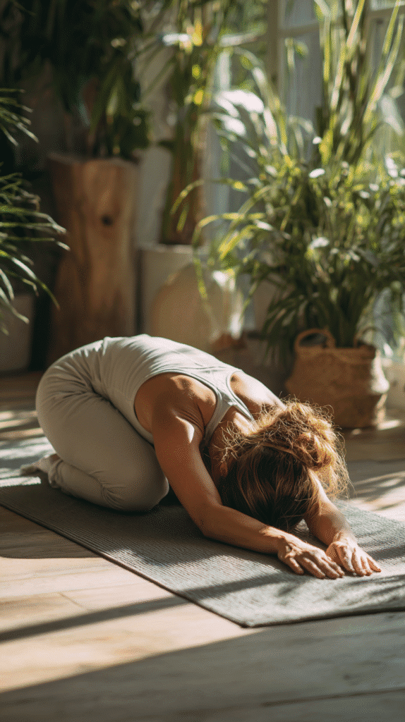 a woman does yoga child pose in the evening sunlight