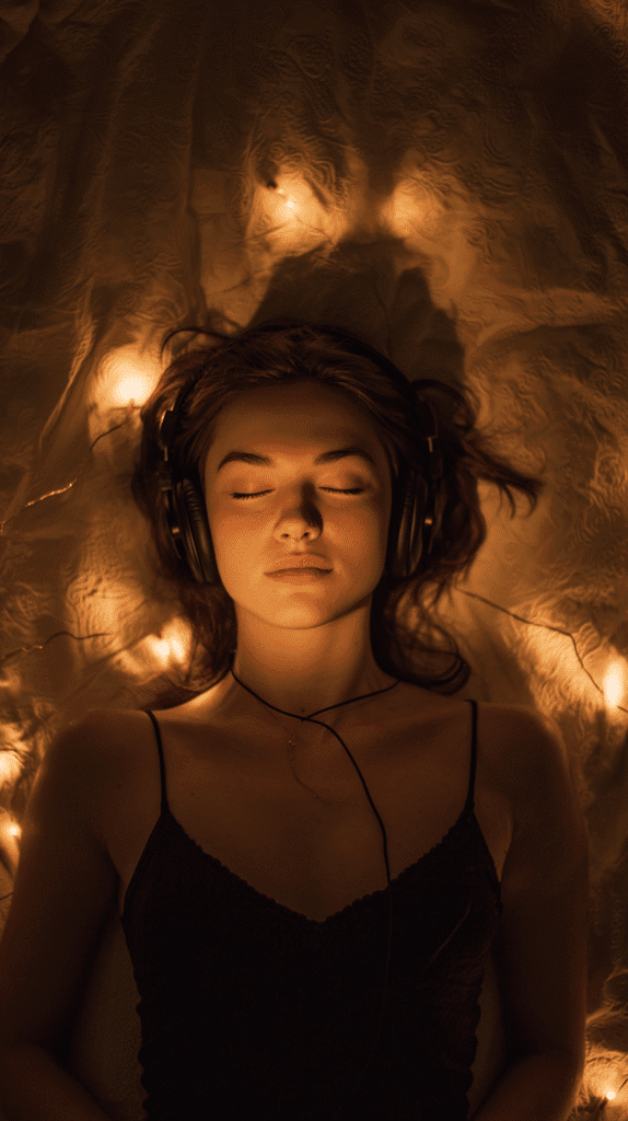 holistic-bedtime-routines-deep-imagining a woman lies down with eyes closed in a dimly lit room listening to a guided meditation on headphones