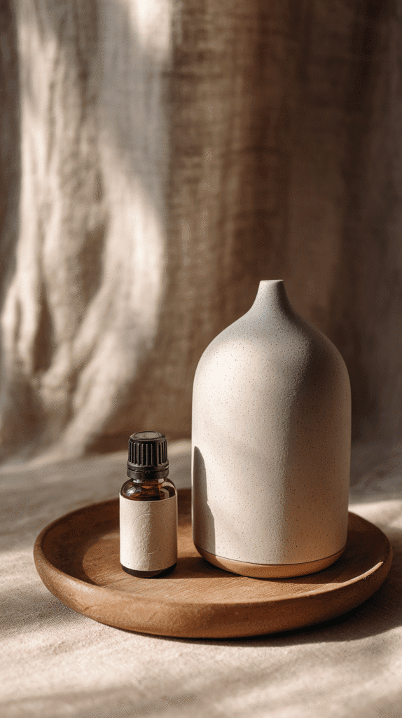 holistic-bedtime-routines-diffuser a ceramic essential oil diffuser on a wooden tray