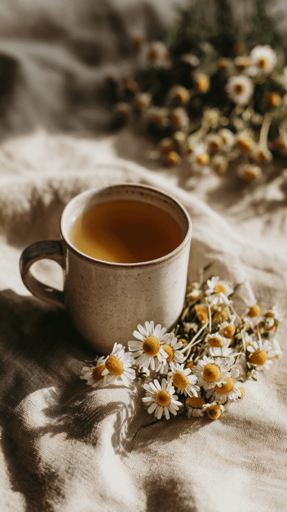 holistic-bedtime-routines-herbal-tea a mug of herbal tea on a linen fabric with chamomile flowers