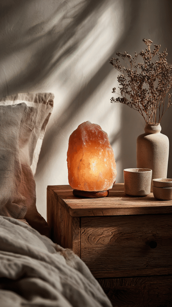 holistic-bedtime-routines-low-light a himalayan salt lamp on a rustic wooden bedside table next to a linen covered bed