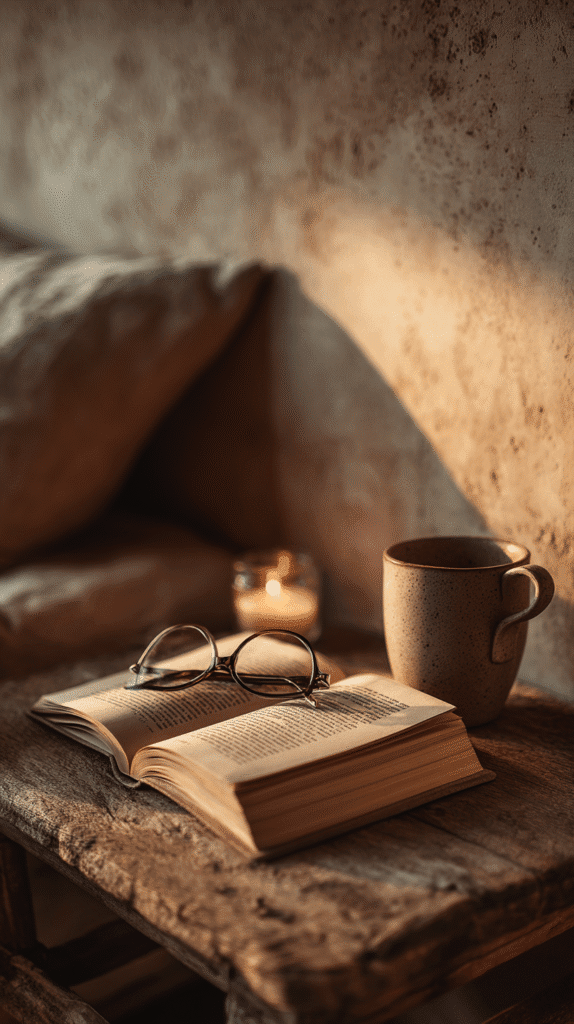 holistic-bedtime-routines-nightstand a bedside table with an open book, glasses and tea mug in dim lighting