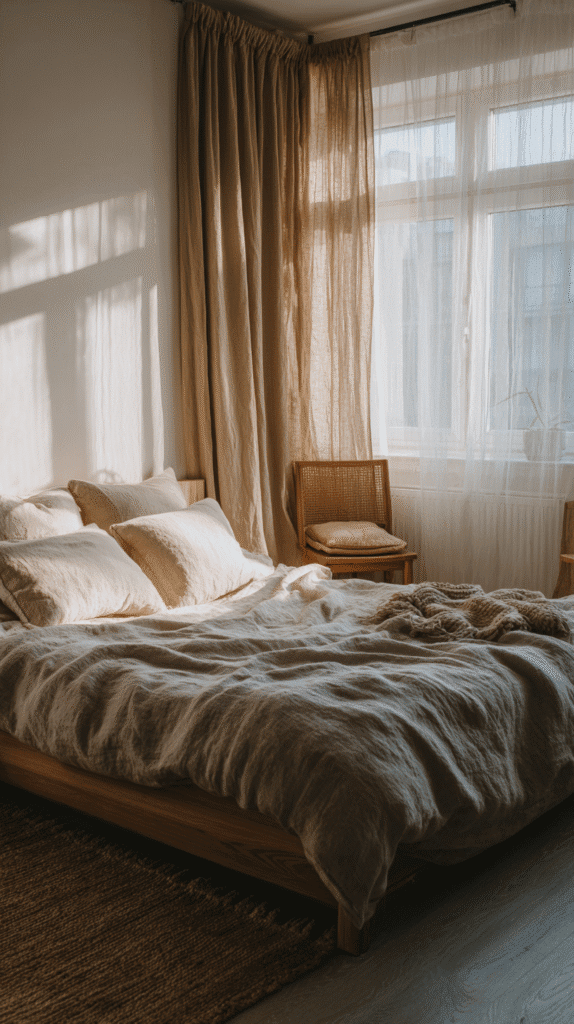 holistic-bedtime-routines-sanctuary a linen covered bed in a modern bedroom in the evening sunlight