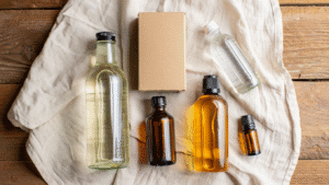 an assortment of non toxic cleaning ingredients, alcohol, castile soap, baking soda and essential oils on a linen napkin.