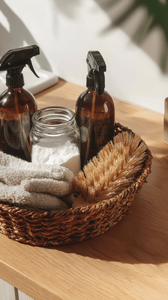 a non toxic cleaning basket with spray bottles, baking soda, cleaning cloths and brush on a counter