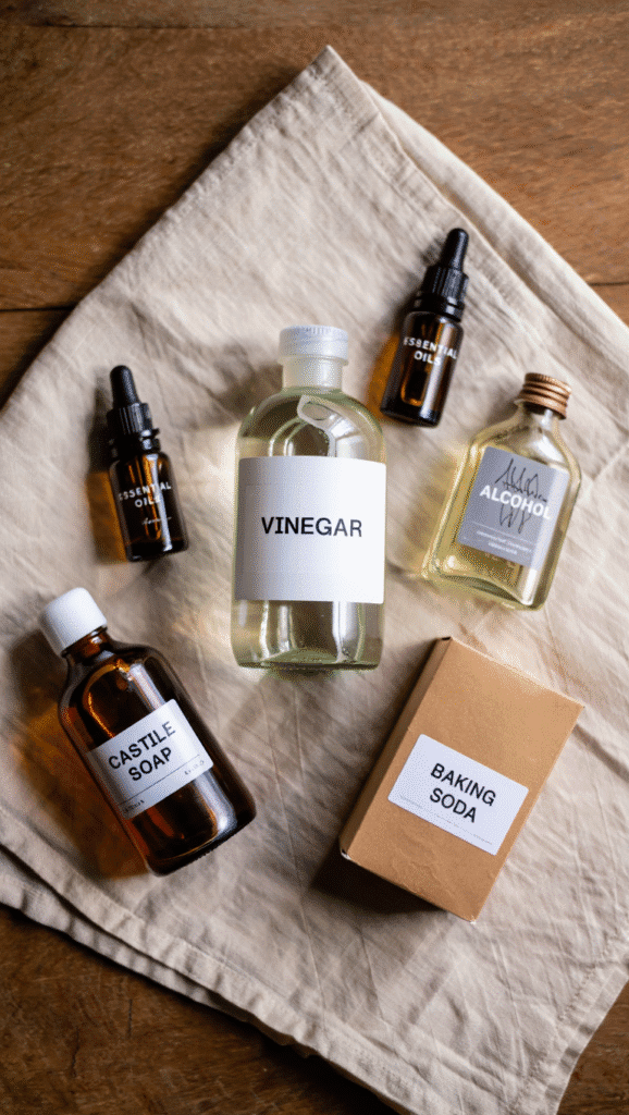 an assortment of non toxic cleaning ingredients labeled on a linen napkin: alchol, baking soda, castile soap, vinegar and essential oils