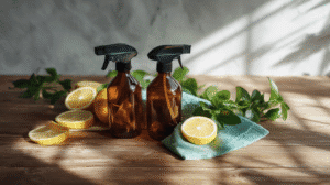 glass spray bottles with diy cleaners on a kitchen counter with lemons, eucalyptus and a cloth