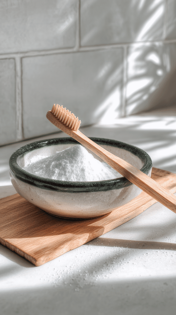a ceramic dish with baking soda and a wooden toothbrush on a sunny bathroom counter