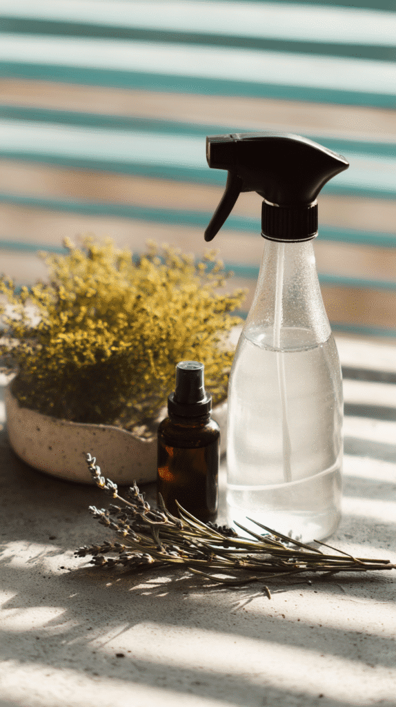 a bottle of homemade disinfecting spray on a counter next to essential oil bottle and lavender sprigs