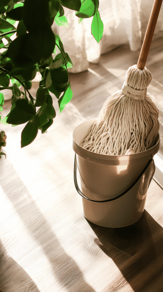 a mob dipped in a bucket with homemade floor cleaner solution