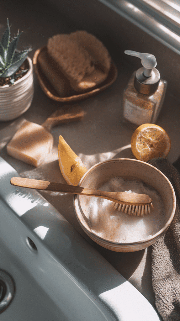 a ceramic bowl of diy cleaning paste with a wooden toothbrush