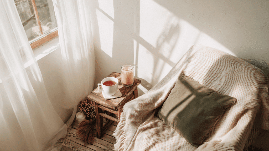 affordable-slow-living an organized cozy corner in an apartment with a chair, sidetable with tea and candle near a sunny window