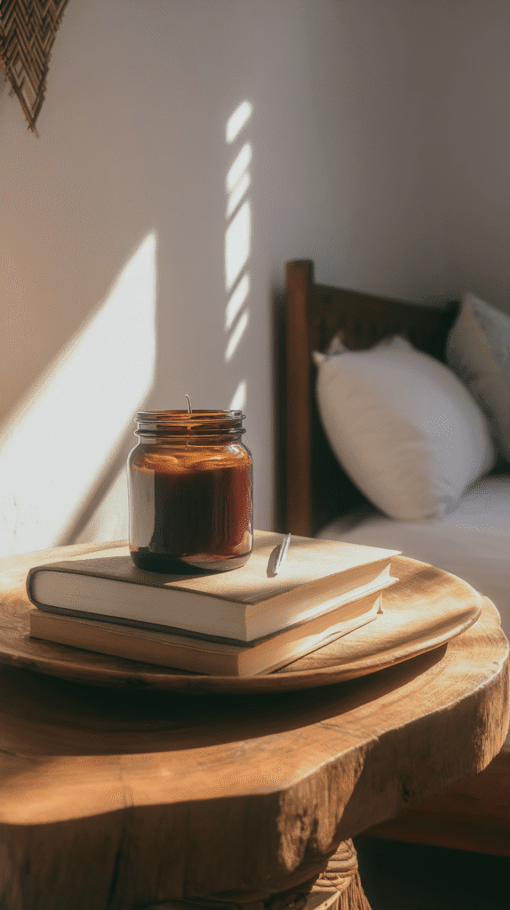affordable-slow-living-bedside-table a rustic wooden bedside table with books and a candle