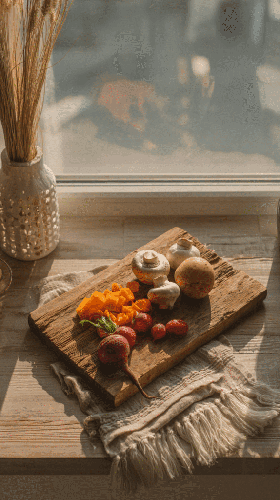 affordable-slow-living-chopped-vegetables chopped vegetable on a wooden cutting board near a sunny window