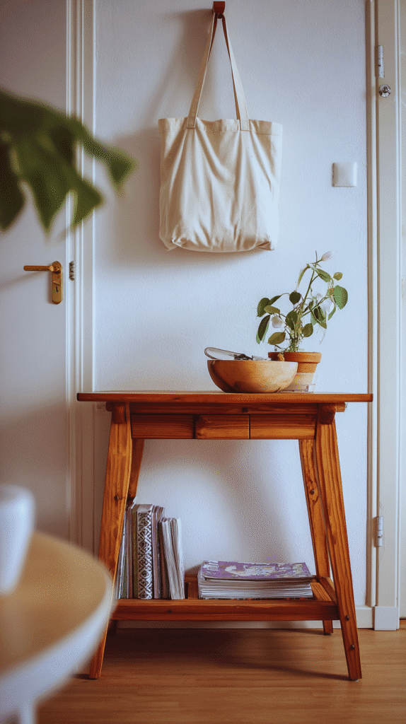 affordable-slow-living-entry-way an entry way with wooden table, potted plant and tote bag