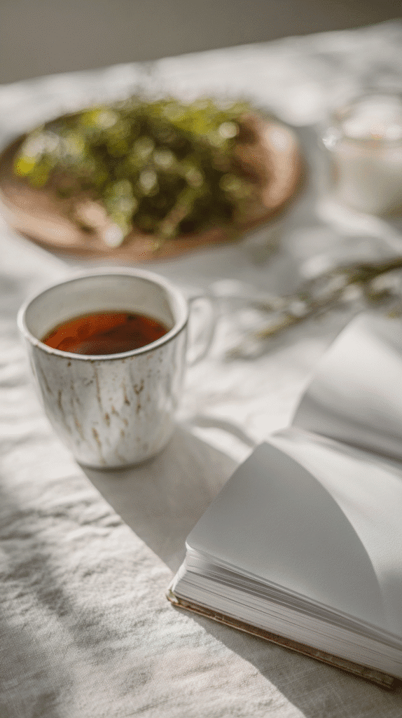 affordable-slow-living-morning-ritual a morning scene with tea and a blank journal on a linen tablecloth