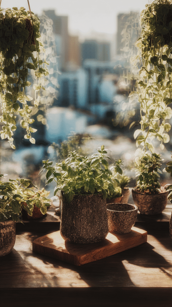 affordable-slow-living-potted-plants potted plants and herbs in a sunny windowsill