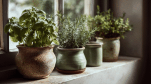 a windowsill with herb plants in ceramic pots
