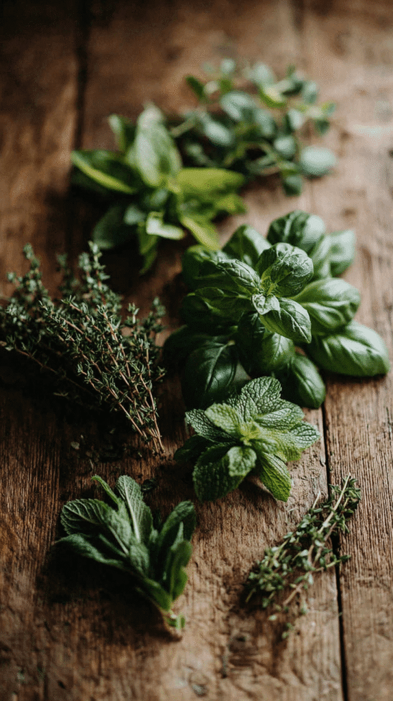 assorted herbs on a wooden table