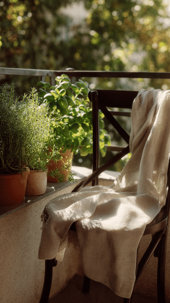 calm-morning-routine-balcony a wooden chair and potted plants on a private balcony
