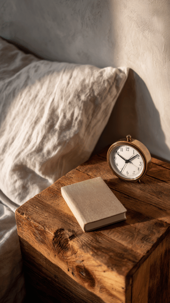 calm-morning-routine-bedside-table An analog alarm clock and closed journal on a bedside table in the morning light