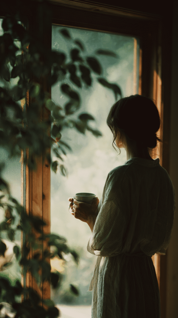 calm-morning-routine-stillness a woman stands next to a window in stillness holding a mug of coffee