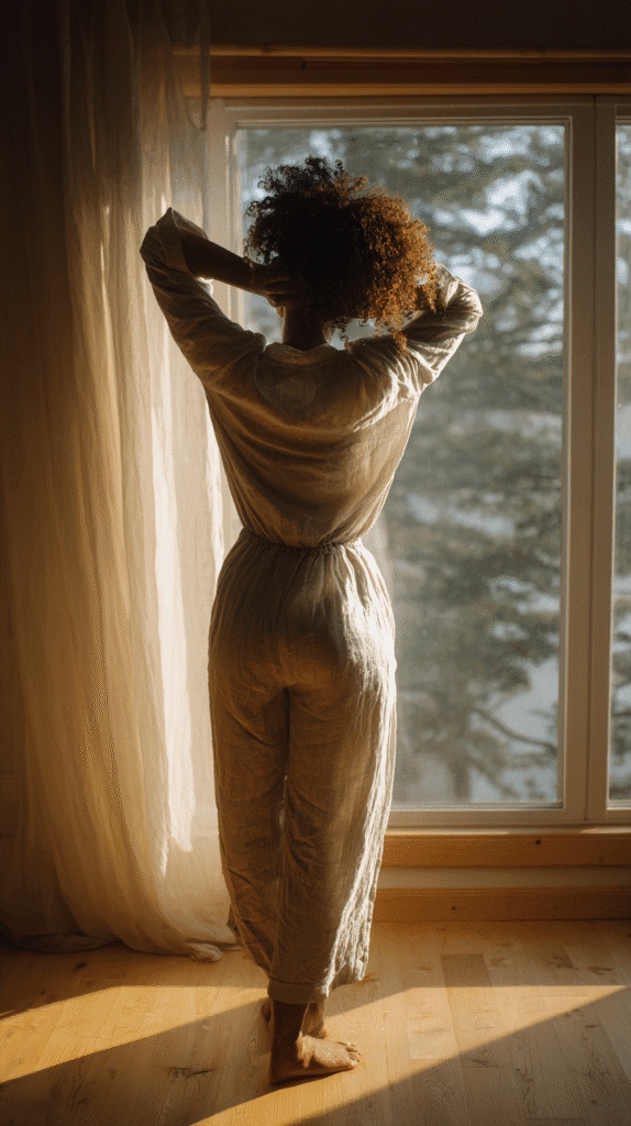calm-morning-routine-stretching a woman stretches near a window in the morning sunglight