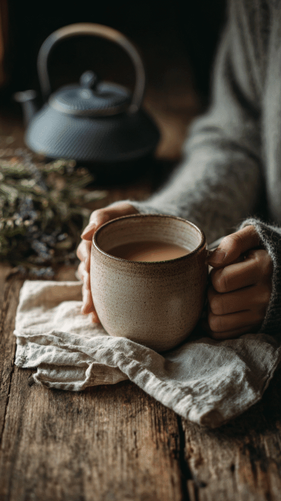 calm-morning-routine-tea a ceramic mug of tea held by a woman's hands at a rustic kitchen table