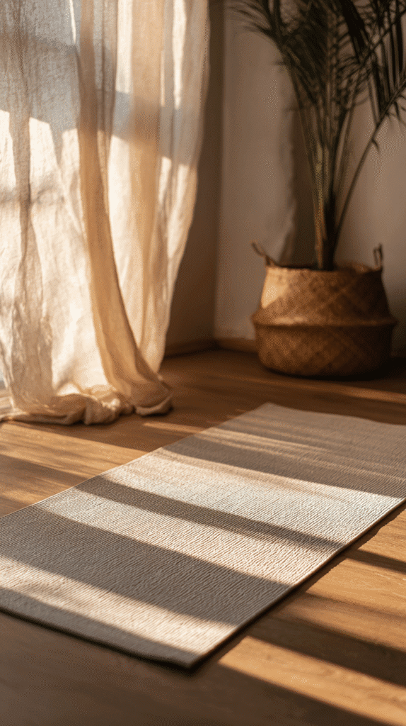 calm-morning-routine-yoga a yoga mat rolled out on a wooden floor next to a window with sheer drapes in the morning sunlight