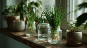 a collection of kitchen scraps regrowing in jars of water on a windowsill