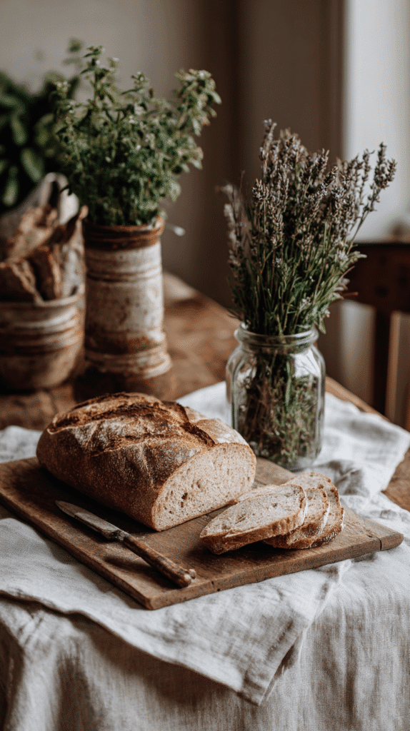 homemade sourdough bread and herbs on a linen covered kitchen table